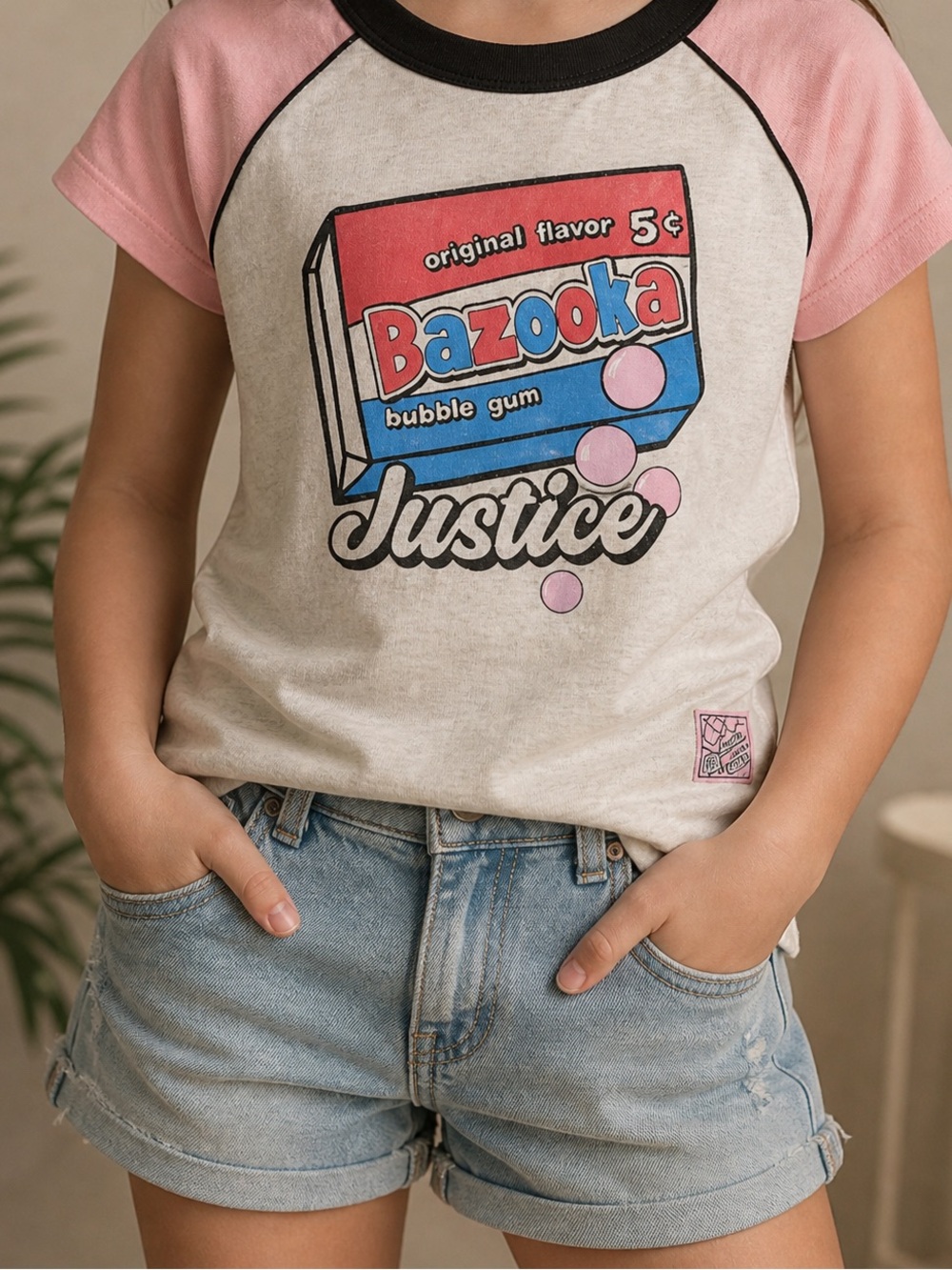Justice Bazooka Bubble Gum Graphic Tee Girls Pink Gray Raglan Size 12 14